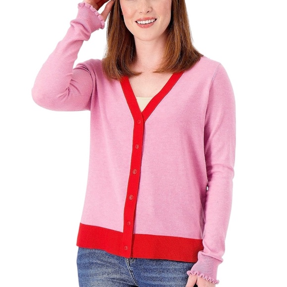 New Two Tone Button Front V-Neck Cardigan Sweater Pink Red Size Medium - Picture 1 of 15